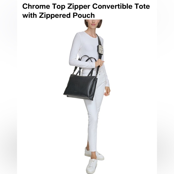 NWT Calvin Klein Chrome Top Zipper Convertible Tote with Zippered Pouch - Picture 7 of 8
